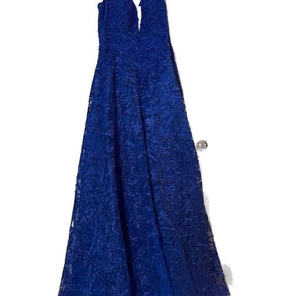 Ellie Wilde EW120026 Royal Blue Lace V-Neck Sequin Prom Gown