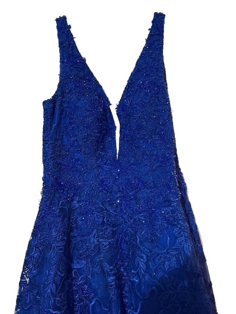 Ellie Wilde EW120026 Royal Blue Lace V-Neck Sequin Prom Gown 2