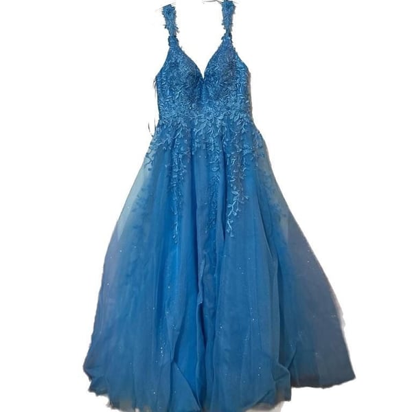 Stella Couture Blue Glitter Prom Dress Lace