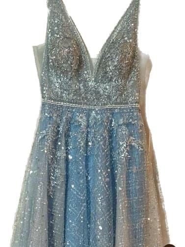 Ellie Wilde by Mon Cheri EW121057 Blue V-Neck Sequined Lace Prom Gown 3