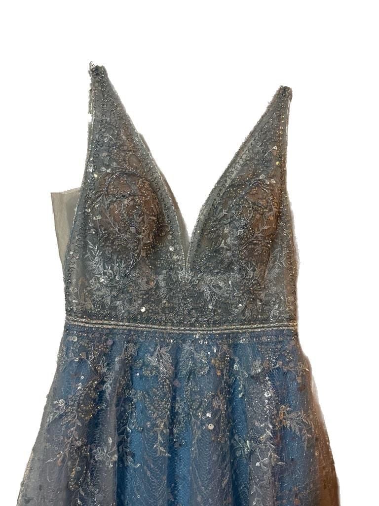 Ellie Wilde by Mon Cheri EW121057 Blue V-Neck Sequined Lace Prom Gown 4
