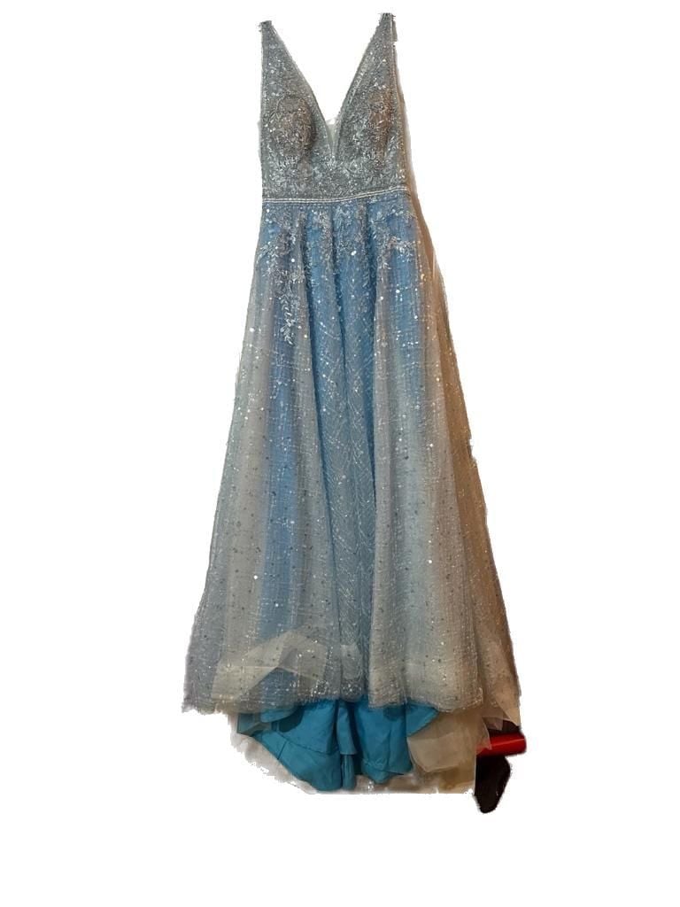 Ellie Wilde by Mon Cheri EW121057 Blue V-Neck Sequined Lace Prom Gown 8