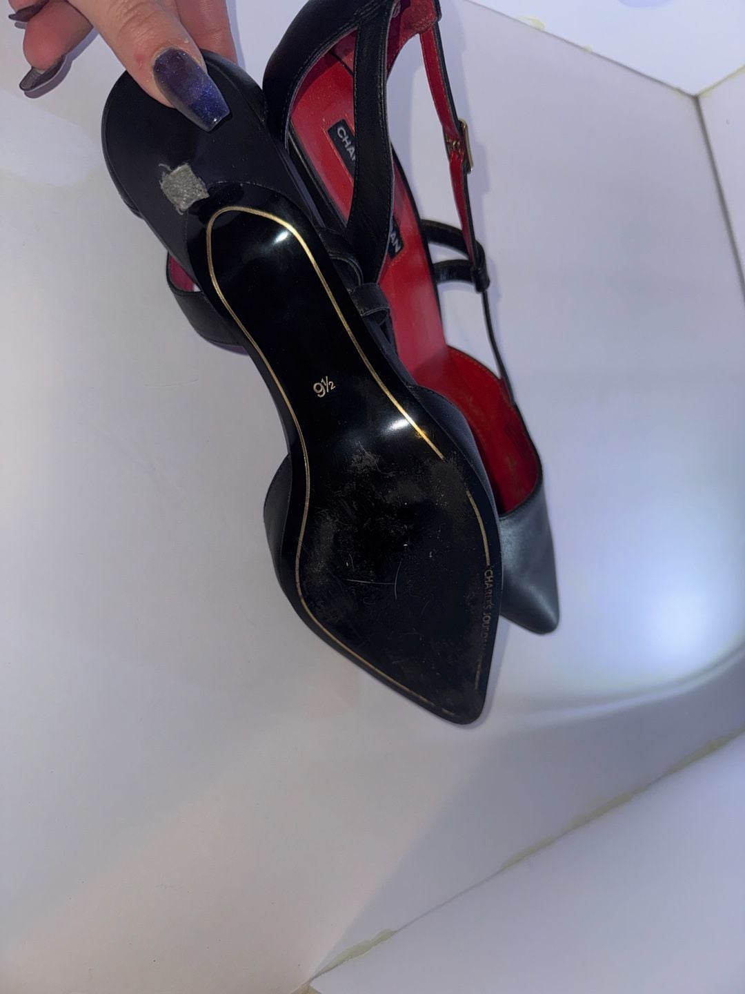 Charles Jourdan Paris Black Leather Pointed-Toe T-Strap Kitten Heels Size 9.5 5