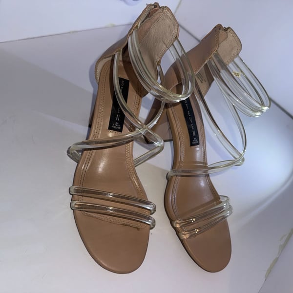 Steven by Steve Madden Nude Strappy Sandals with Clear Vinyl Tube Straps and Block Heel