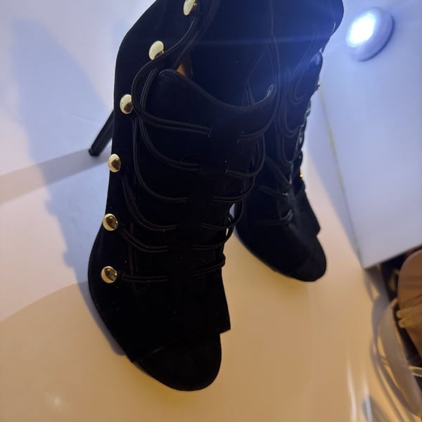 Jessica Simpson Black Suede Peep Toe Military Inspired Gold Stud Booties