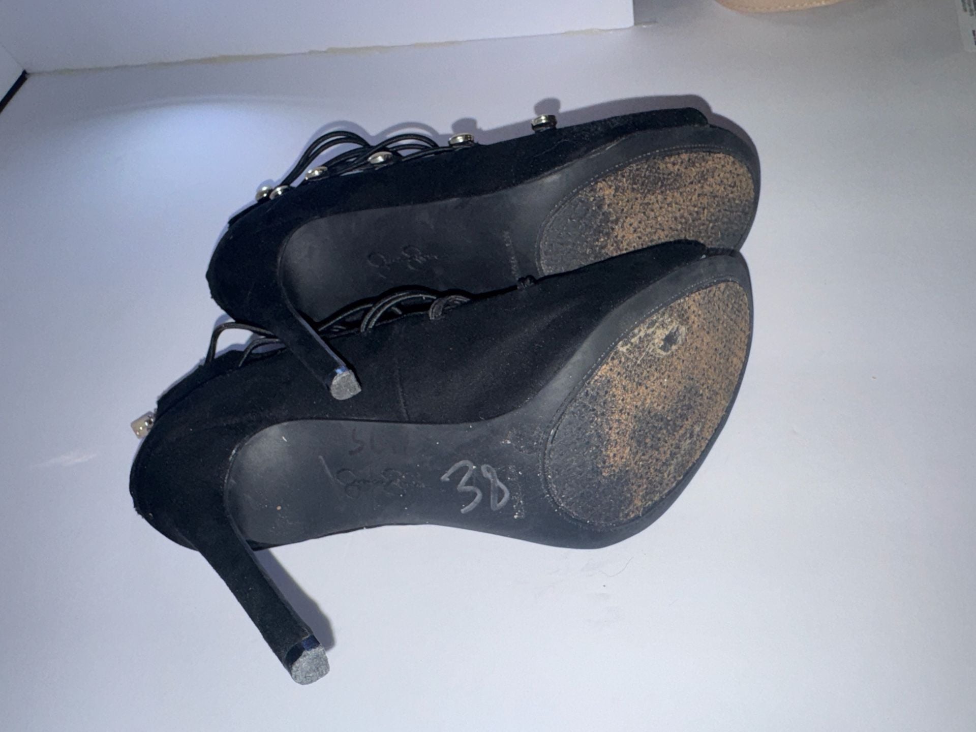 Jessica Simpson Black Suede Peep Toe Military Inspired Gold Stud Booties 8