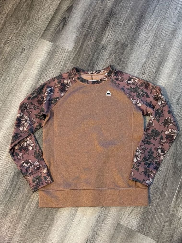 Burton Women's Oak Crewneck Pullover Sweatshirt - Brown with Floral Sleeves Size S 2