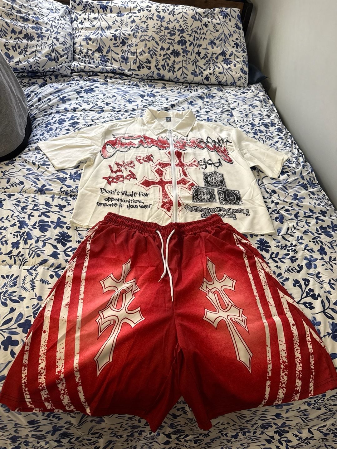 Goth Men's Cross Graphic Zip Front Shirt and Drawstring Shorts Set 1
