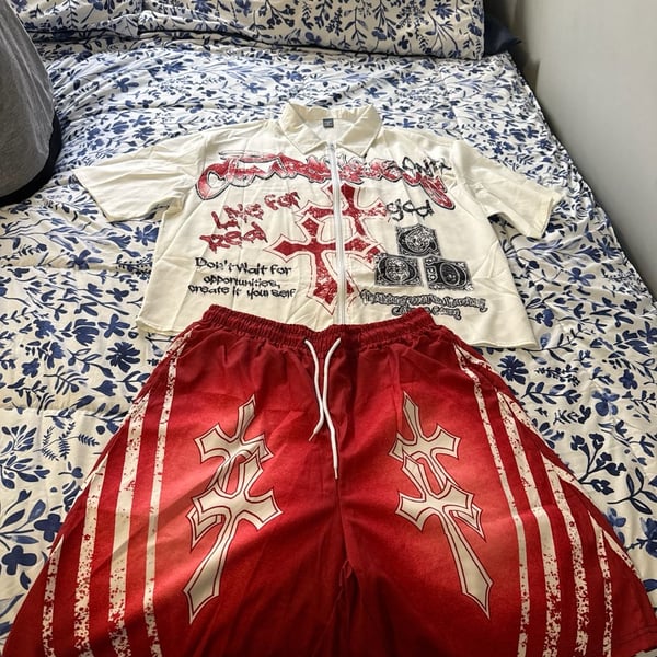 Goth Men's Cross Graphic Zip Front Shirt and Drawstring Shorts Set