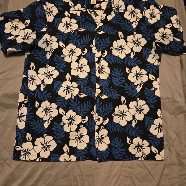 Vintage RJC Men's XL Hawaiian Shirt Blue/Black Hibiscus Floral Aloha Made in USA