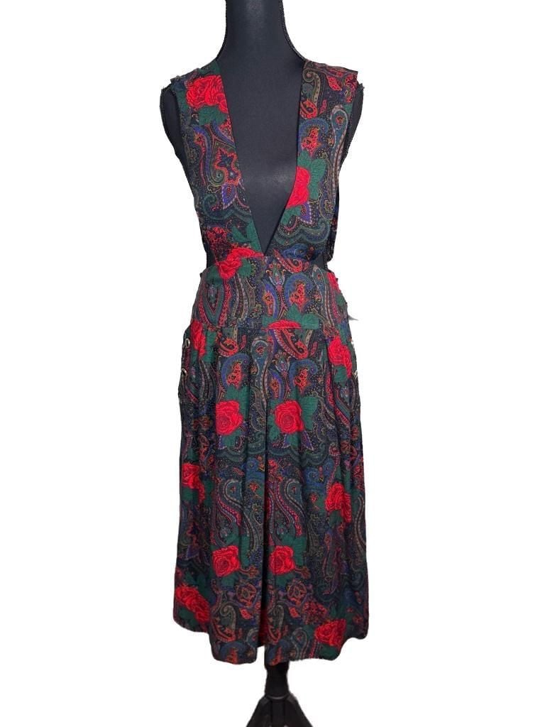 Vintage Plaid Paisley Rose Green and Red Pinafore 29in Waist Cottagecore Eclectic Prairie Homestead 2
