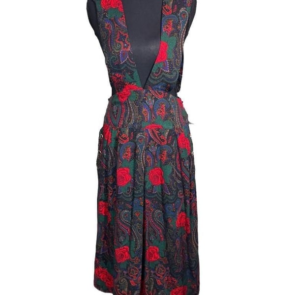 Vintage Plaid Paisley Rose Green and Red Pinafore 29in Waist Cottagecore Eclectic Prairie Homestead