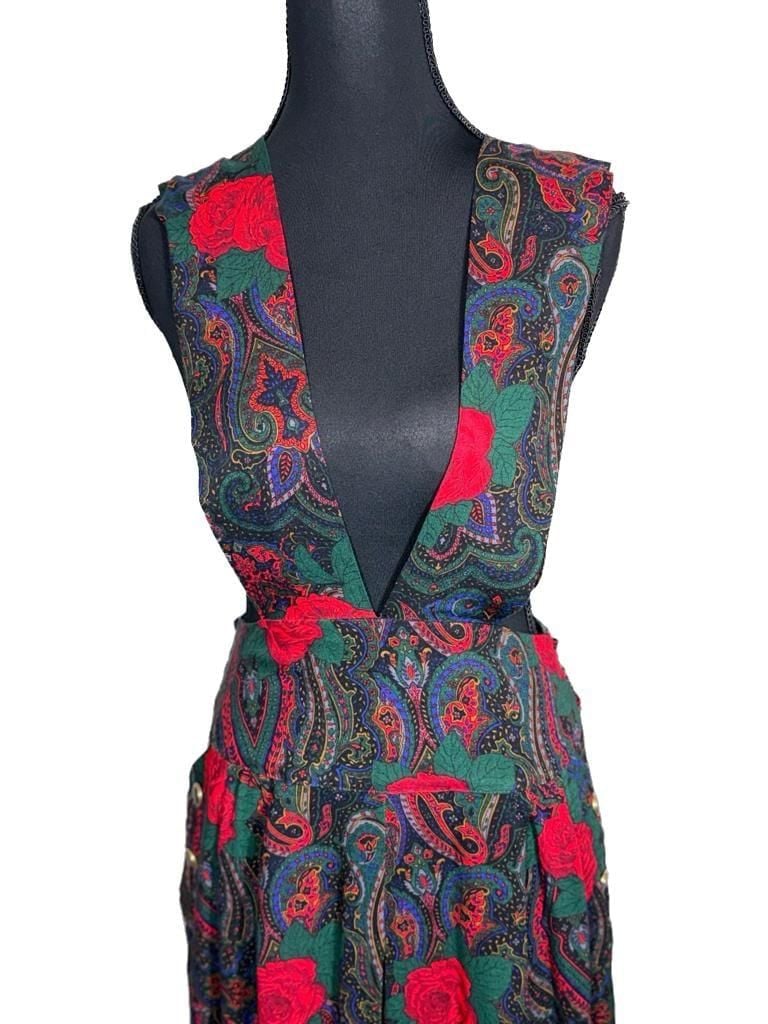 Vintage Plaid Paisley Rose Green and Red Pinafore 29in Waist Cottagecore Eclectic Prairie Homestead 3