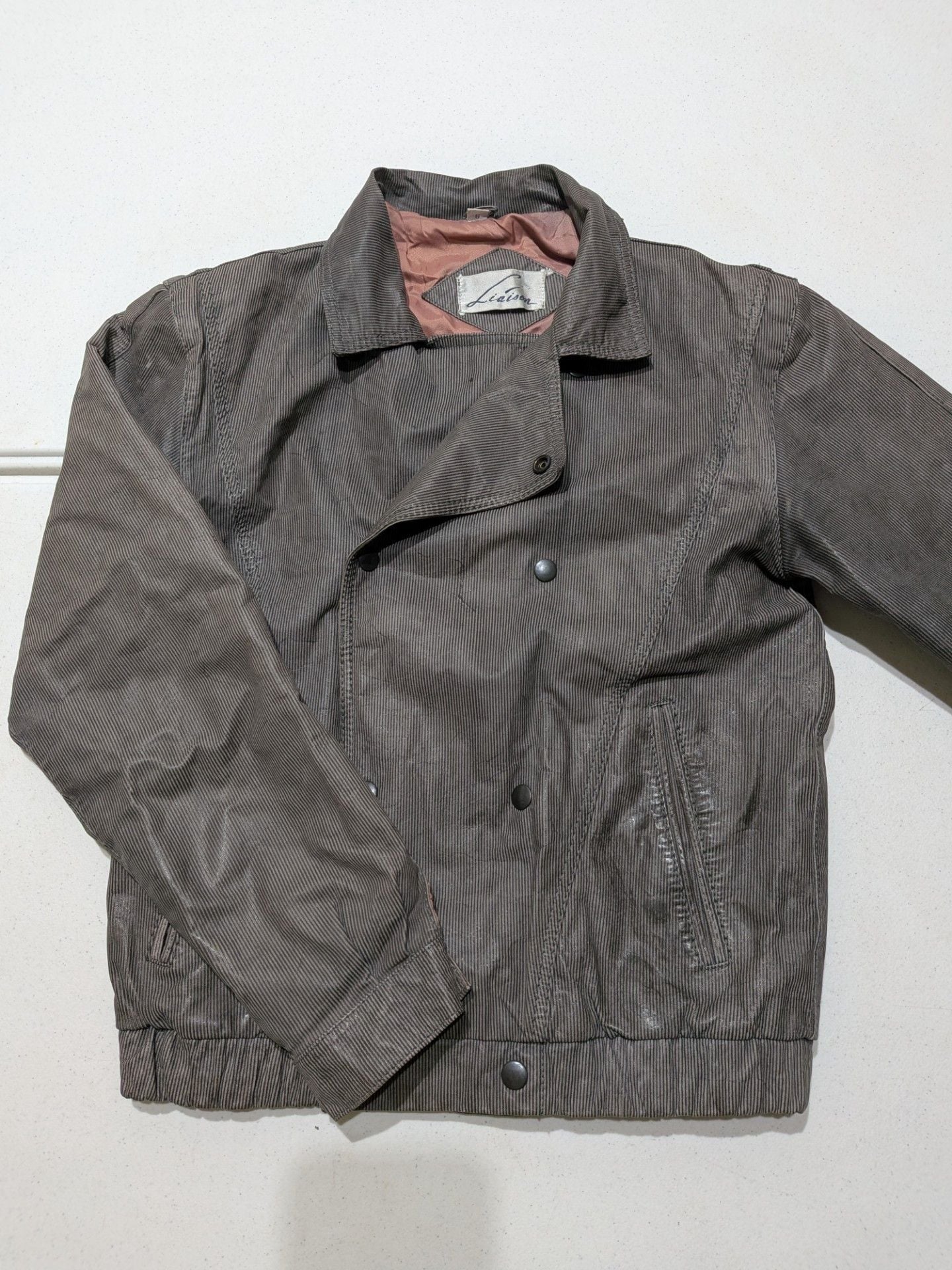 Vintage Liaison Pinstripe Double Breasted Bomber Jacket, Grey, Small 2