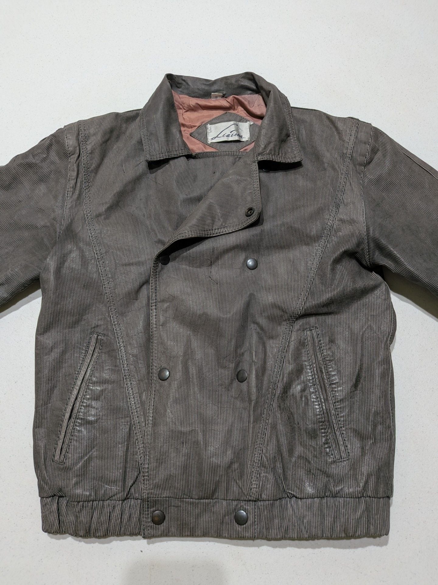 Vintage Liaison Pinstripe Double Breasted Bomber Jacket, Grey, Small 4