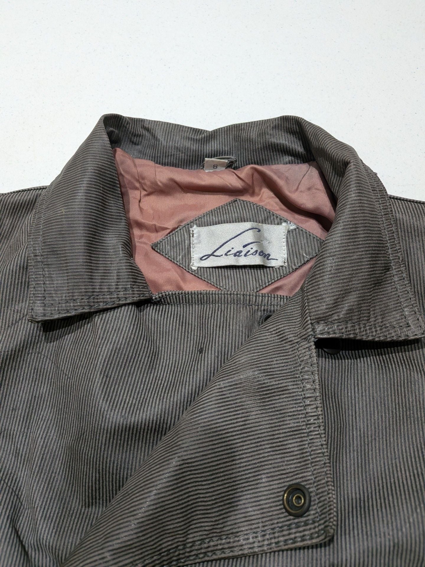 Vintage Liaison Pinstripe Double Breasted Bomber Jacket, Grey, Small 5