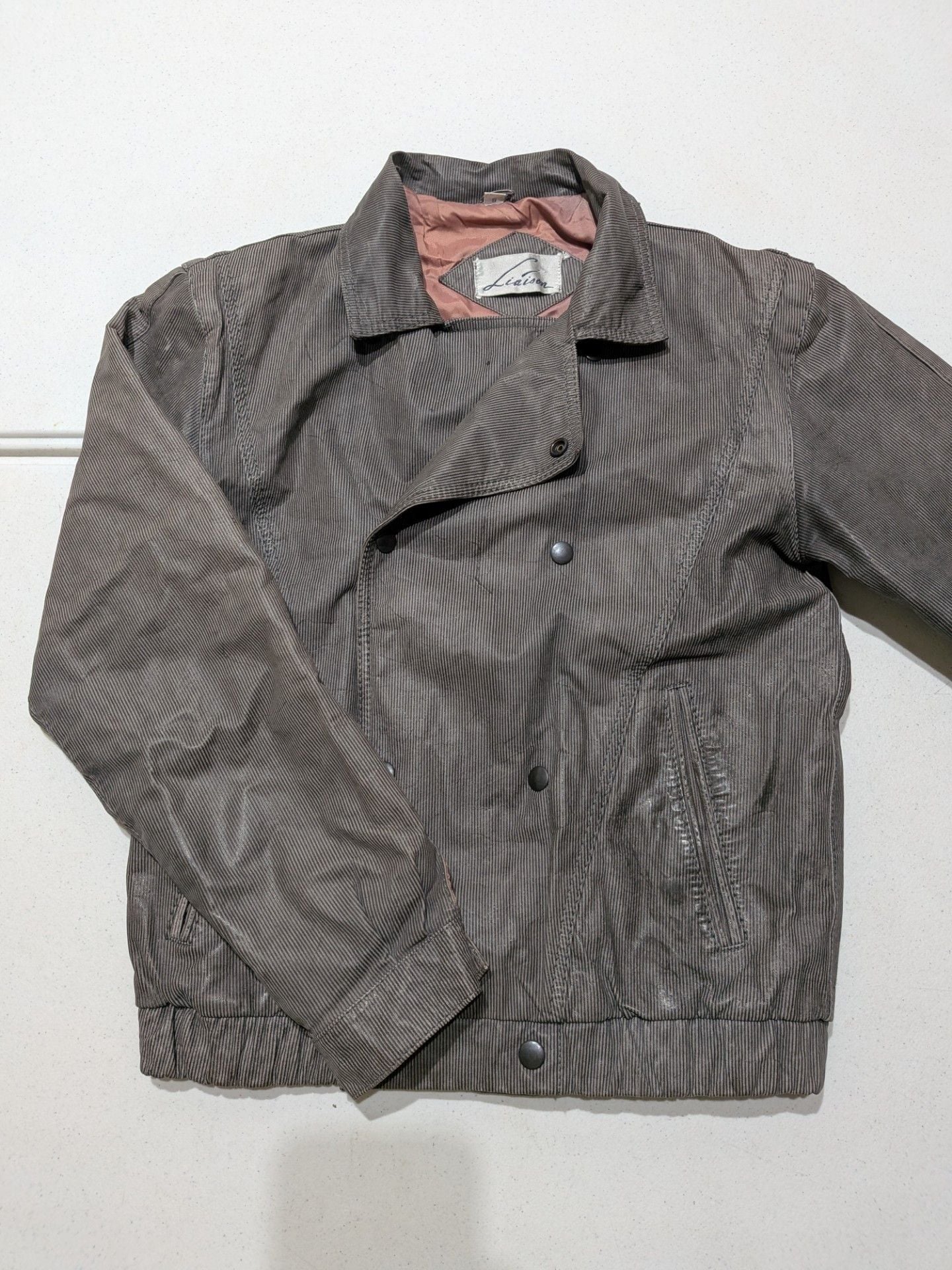 Vintage Liaison Pinstripe Double Breasted Bomber Jacket, Grey, Small 6