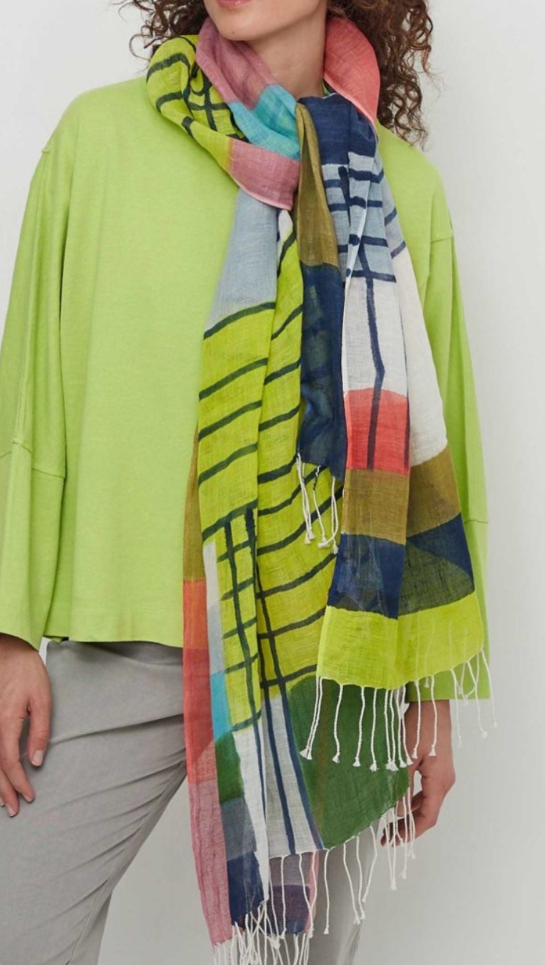 NWT OSKA Schal 408 Lightweight Check Scarf Kiwi Green Multi 3