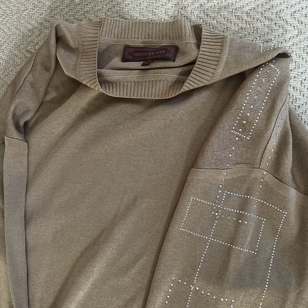 Creme De Silk Tan Metallic Gold Knit Sweater with Rhinestone Geometric  Detail