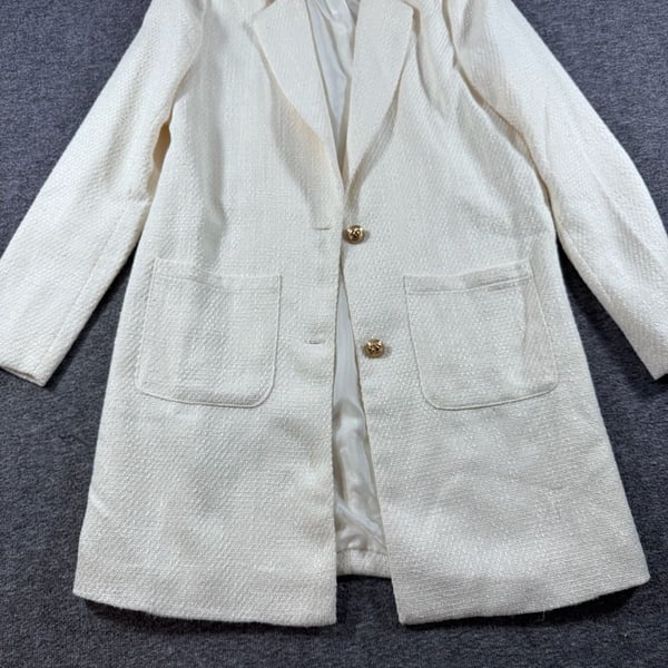 BiBi White Textured Tweed Longline Blazer Jacket with Gold Buttons Size S