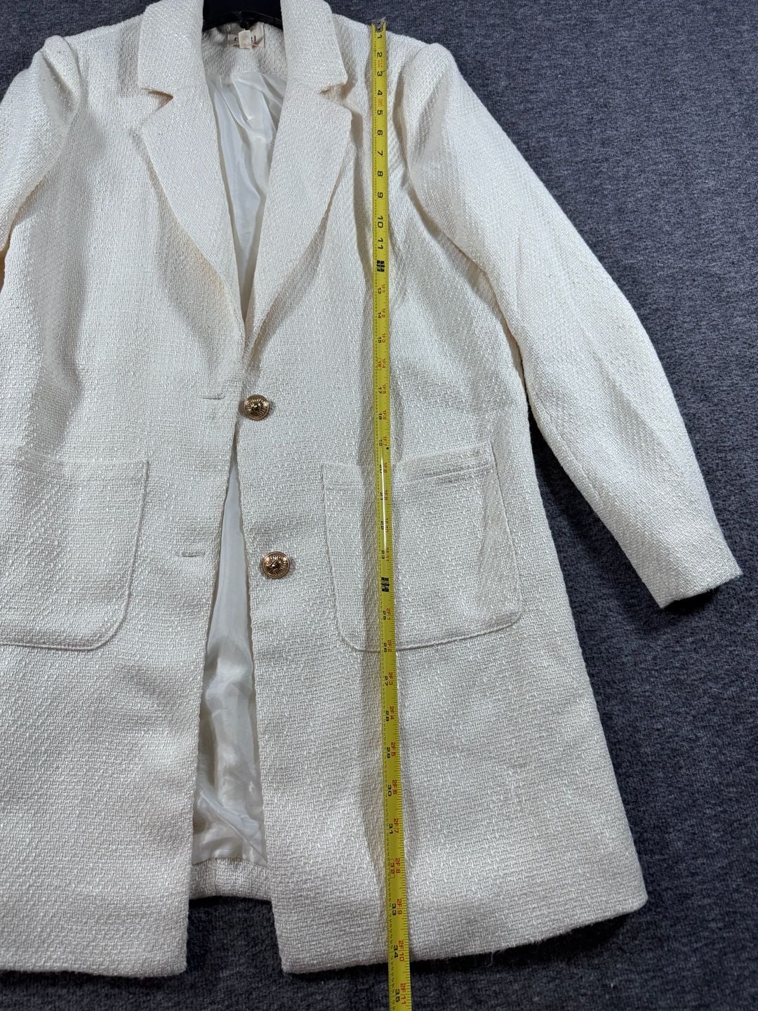 BiBi White Textured Tweed Longline Blazer Jacket with Gold Buttons Size S 9