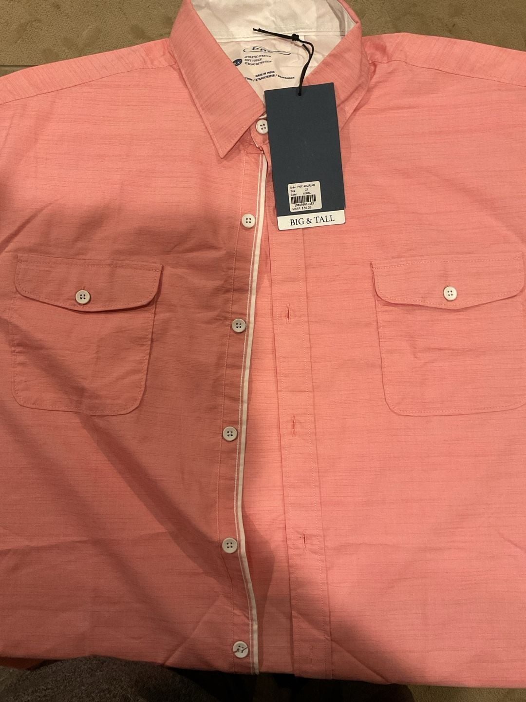 Pro Tour Big & Tall Athletic Stretch Short Sleeve Shirt, Coral, Men's Size 2X 2