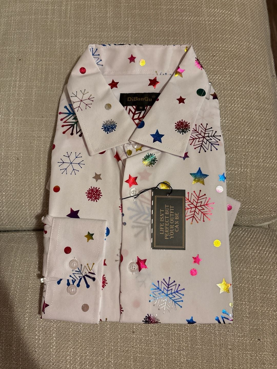 DiBanGu Mens Colorful Metallic Snowflake and Star Christmas Dress Shirt Long Sleeve NWT 1