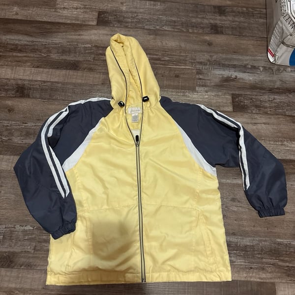 Studio Works Women's Size Medium Hooded Colorblock Windbreaker Jacket Yellow Navy