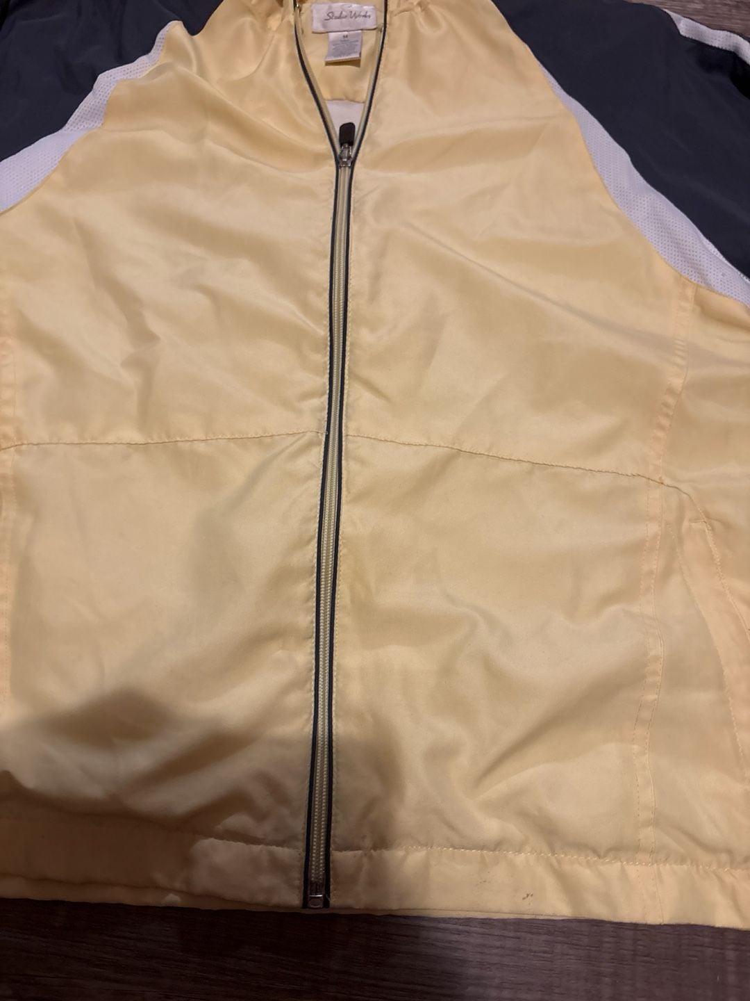 Studio Works Women's Size Medium Hooded Colorblock Windbreaker Jacket Yellow Navy 3