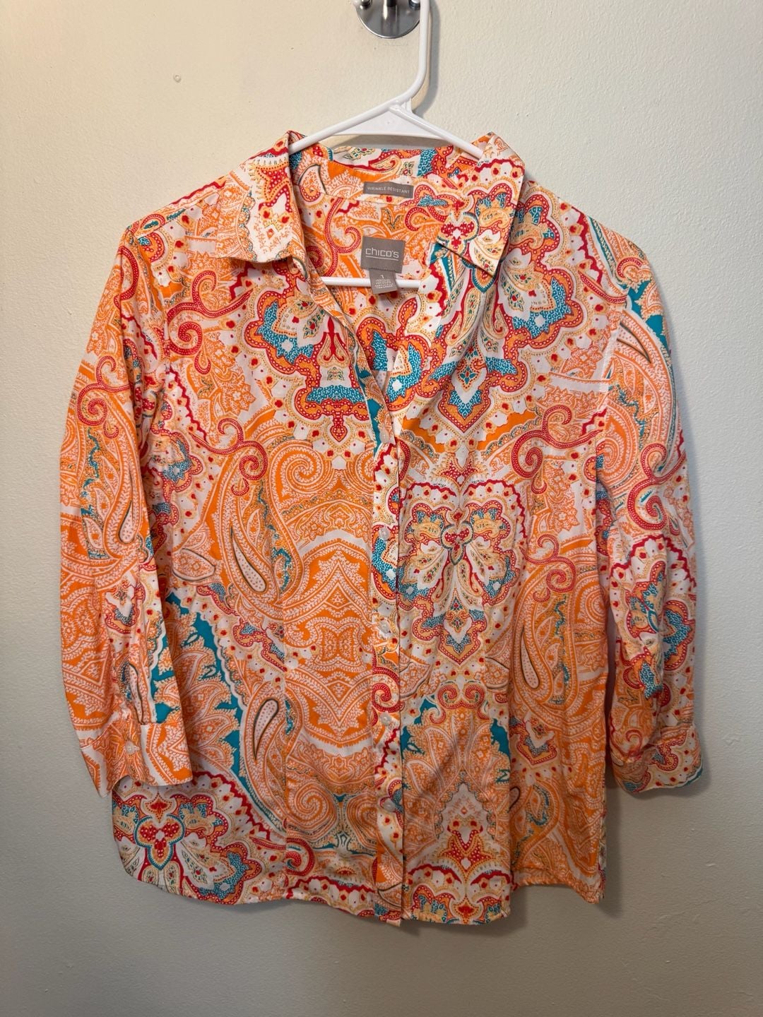 Chico's No Iron Wrinkle Resistant 100% Cotton Paisley Button Front Shirt Size 1 2