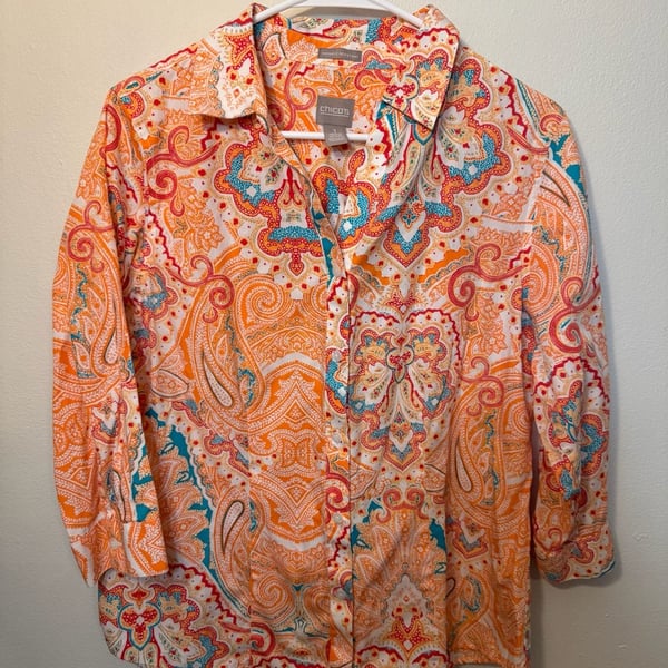 Chico's No Iron Wrinkle Resistant 100% Cotton Paisley Button Front Shirt Size 1