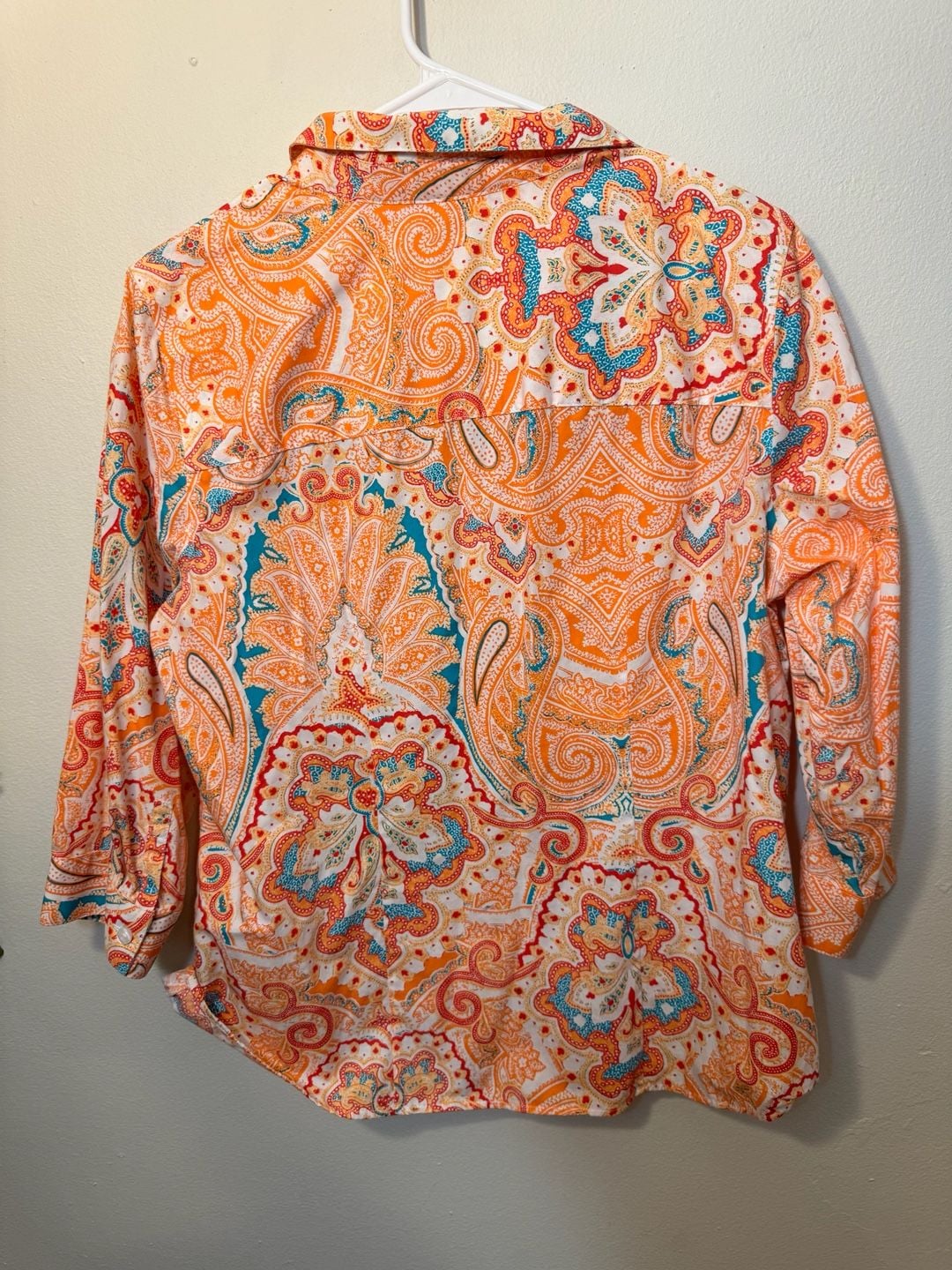 Chico's No Iron Wrinkle Resistant 100% Cotton Paisley Button Front Shirt Size 1 3