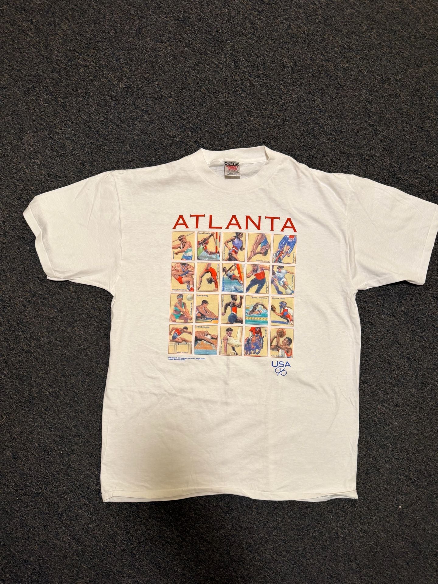 Vintage 1996 Atlanta Summer Olympics USPS Stamps Graphic T-Shirt 2