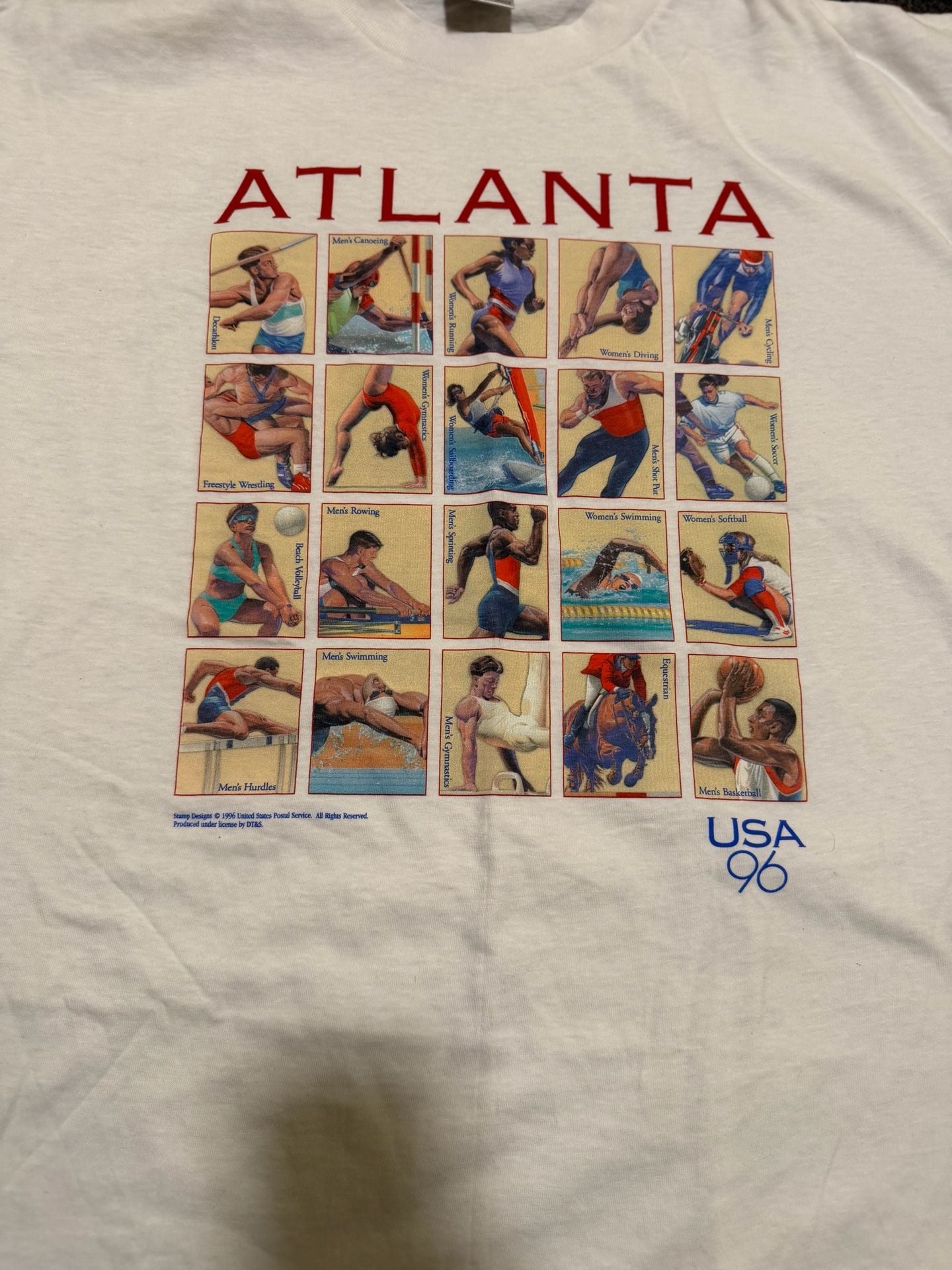 Vintage 1996 Atlanta Summer Olympics USPS Stamps Graphic T-Shirt 3