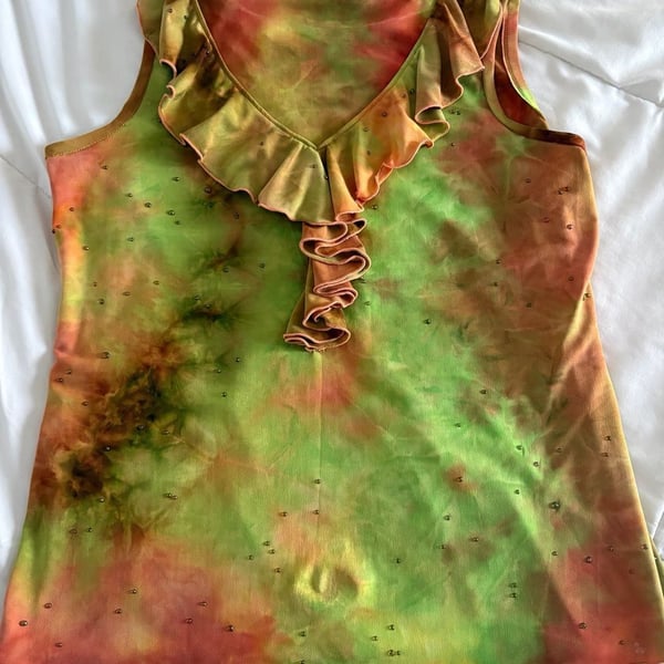 Vintage Y2K Tie-Dye Ruffle V-Neck Beaded Tank Top - Green/Orange