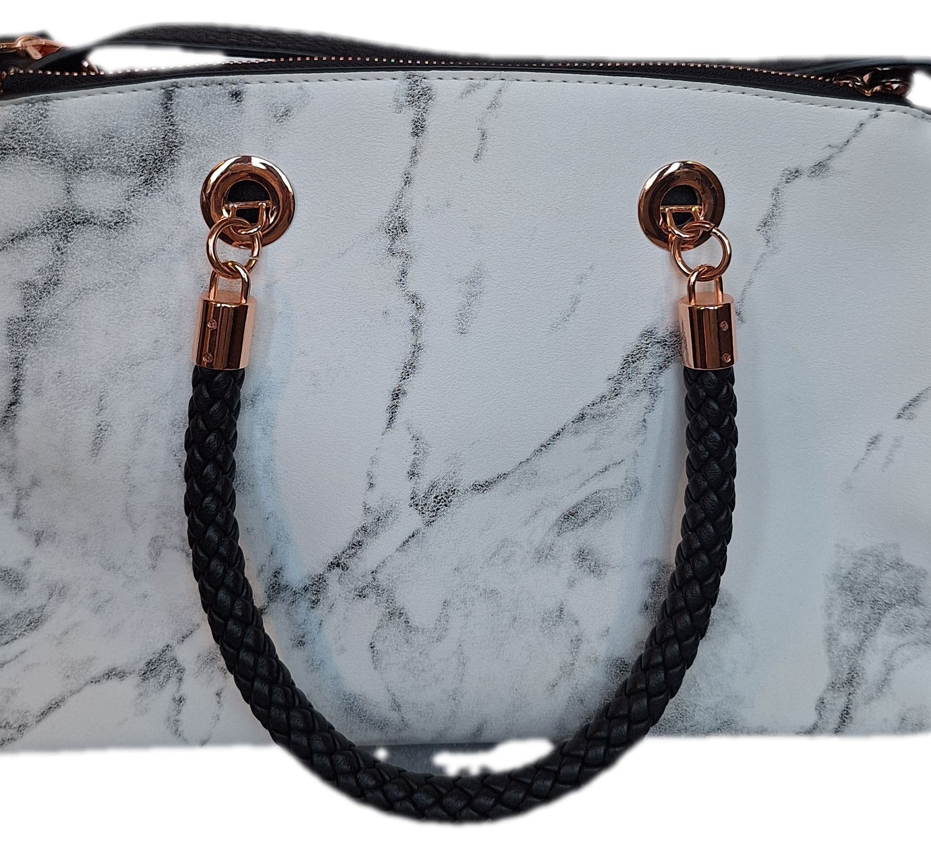 Charming Charlie Marble Print Handbag with Braided Handles - Polished Rose Gold Hardware 4