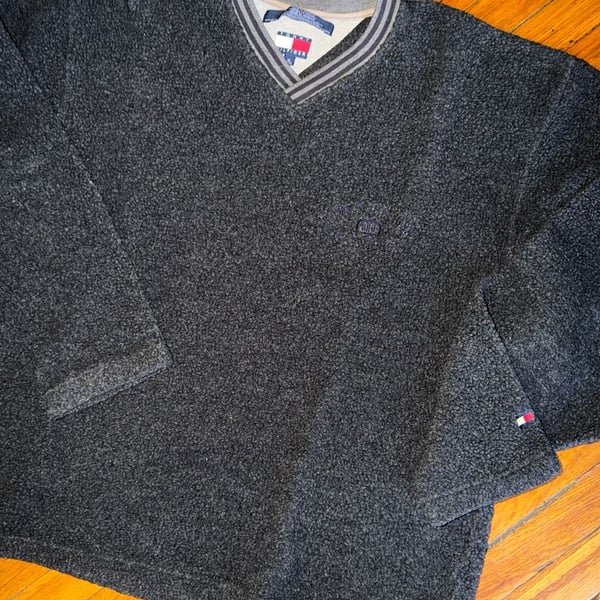 Vintage Tommy Hilfiger Sherpa Fleece V-Neck Pullover Sweater Heather Charcoal Logo XL