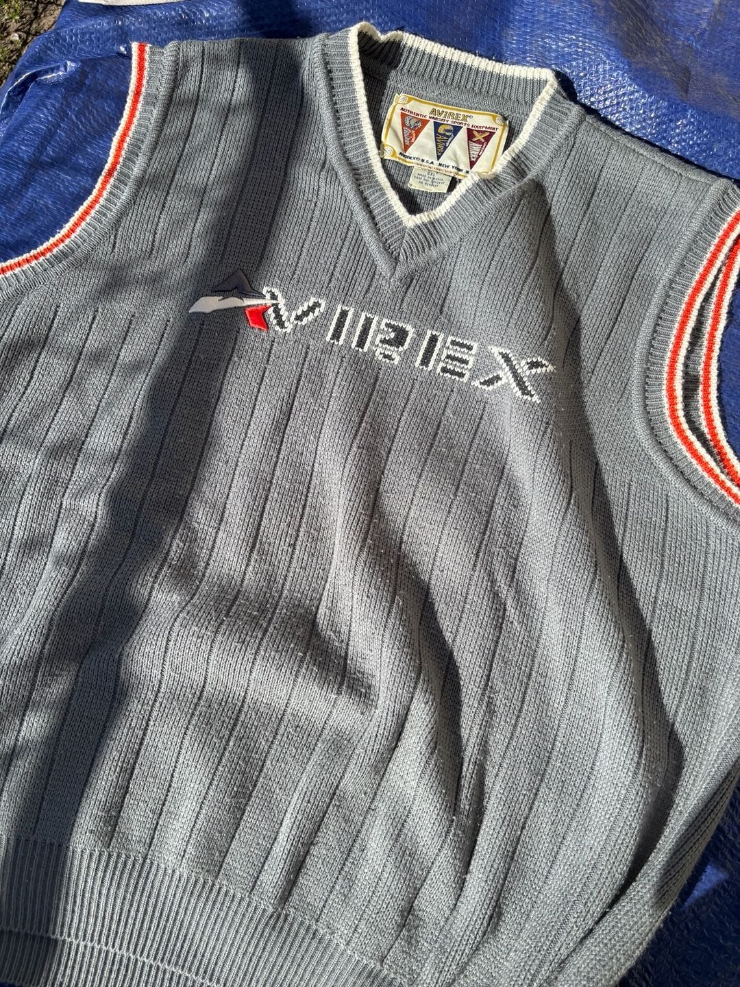 Vintage 90s Avirex Varsity Authentic Sports Equipment Knit V-Neck Sweater Vest Grey 3XL 1