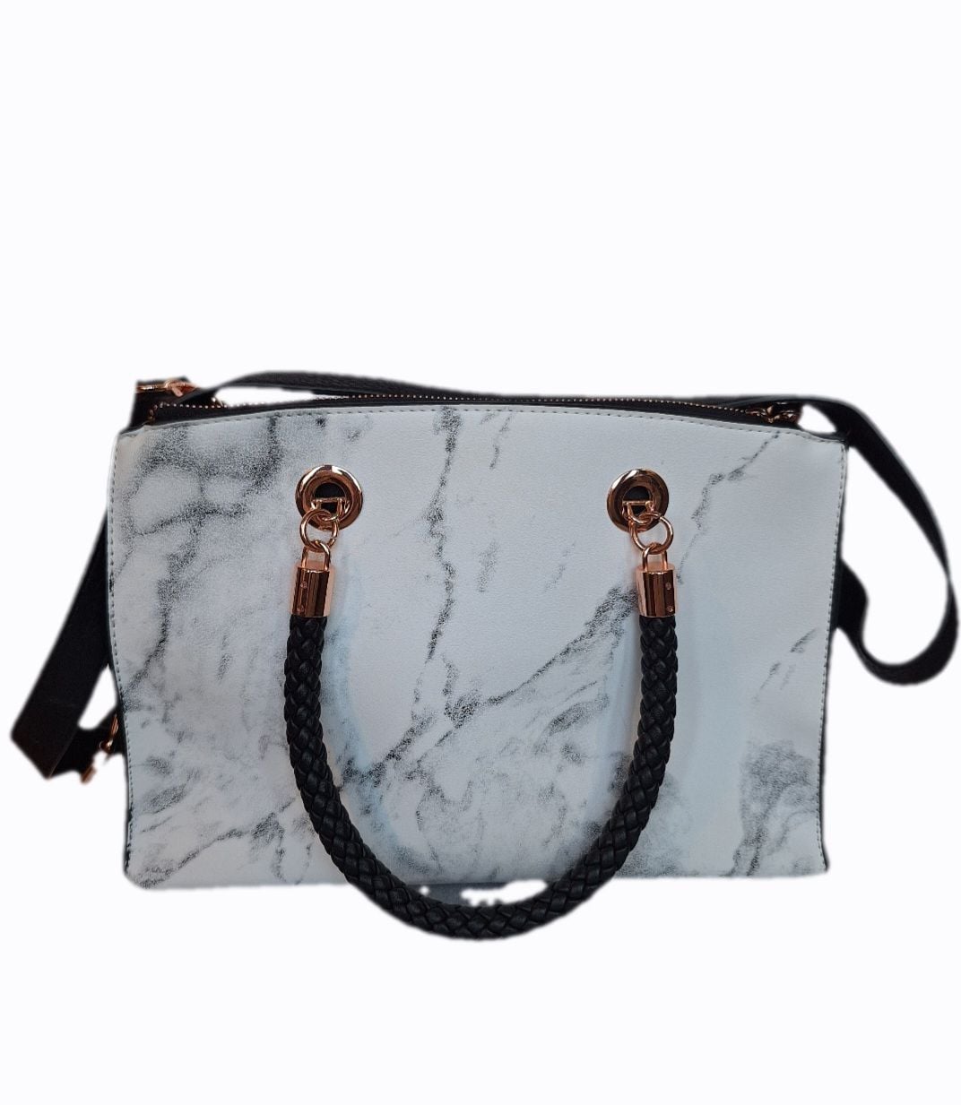 Charming Charlie Marble Print Handbag with Braided Handles - Polished Rose Gold Hardware 1