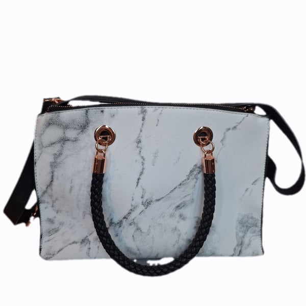 Charming Charlie Marble Print Handbag with Braided Handles - Polished Rose Gold Hardware