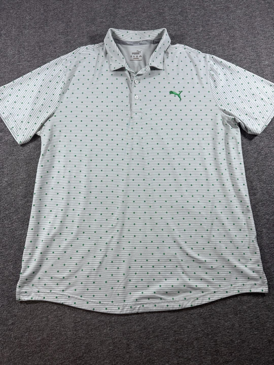 Puma MATTR Spring Season Golf Polo Shirt White Green Striped Diamond Print 2