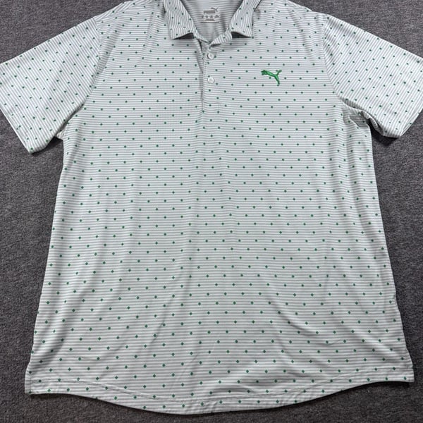 Puma MATTR Spring Season Golf Polo Shirt White Green Striped Diamond Print