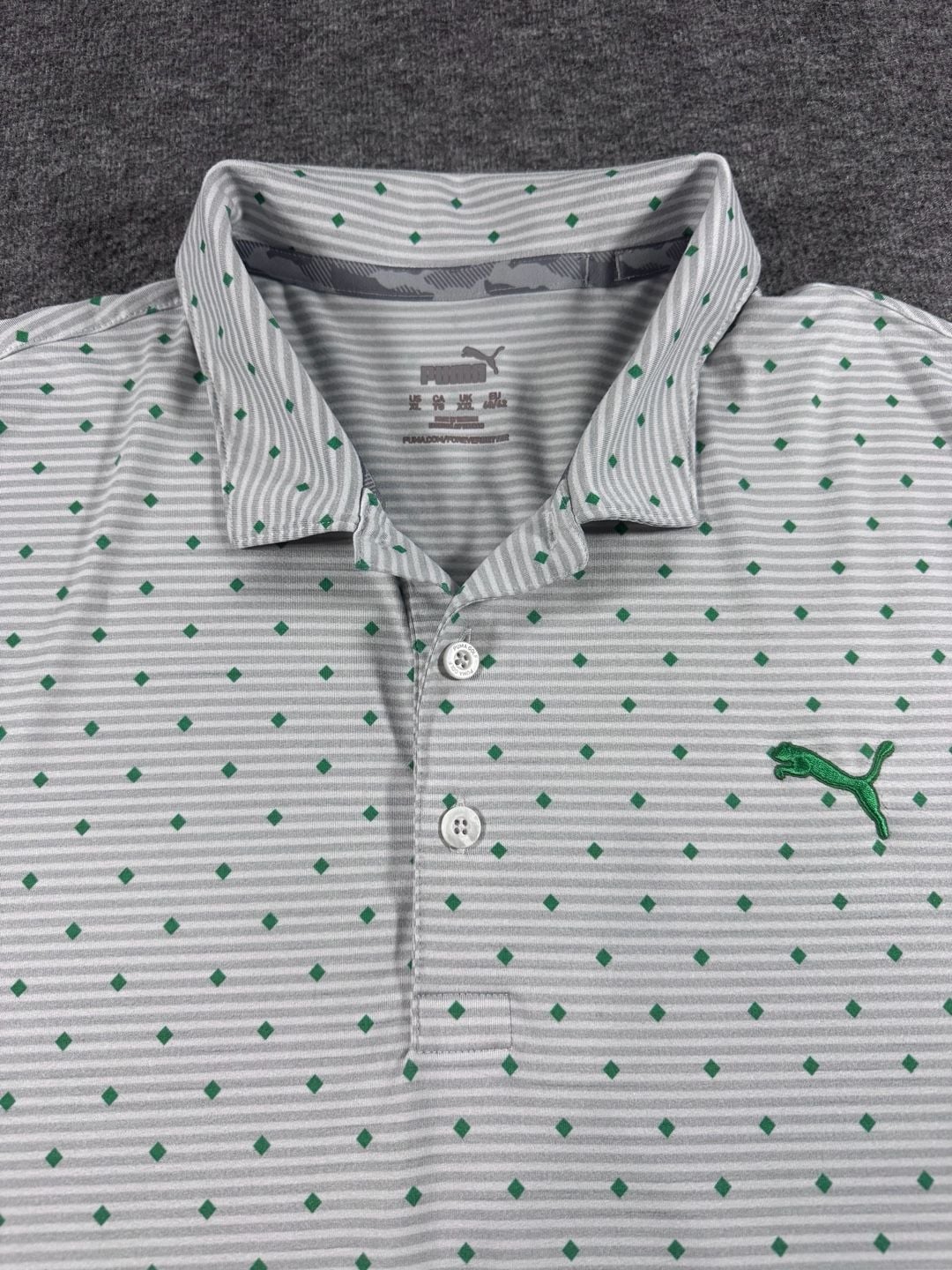 Puma MATTR Spring Season Golf Polo Shirt White Green Striped Diamond Print 4