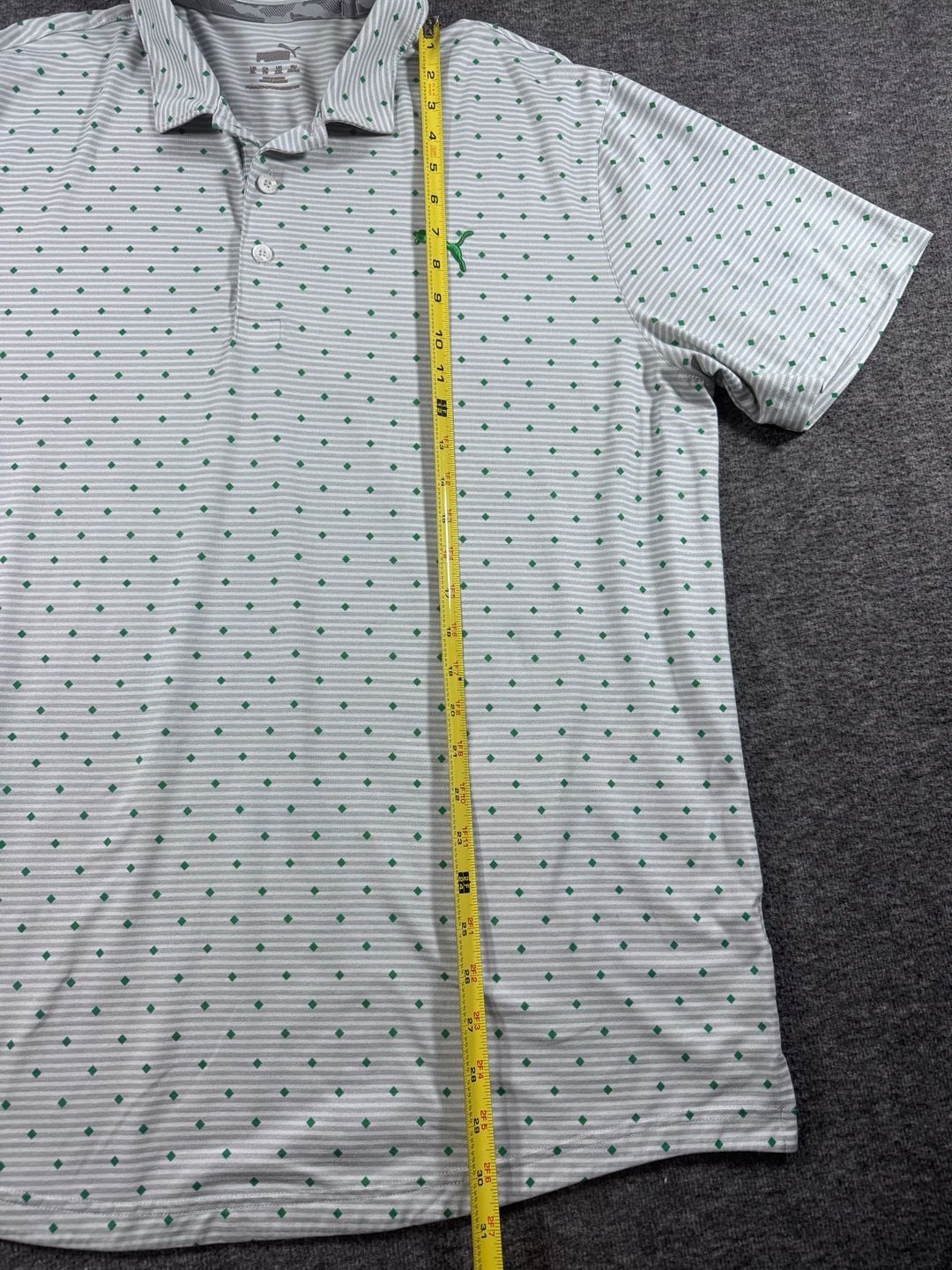 Puma MATTR Spring Season Golf Polo Shirt White Green Striped Diamond Print 6