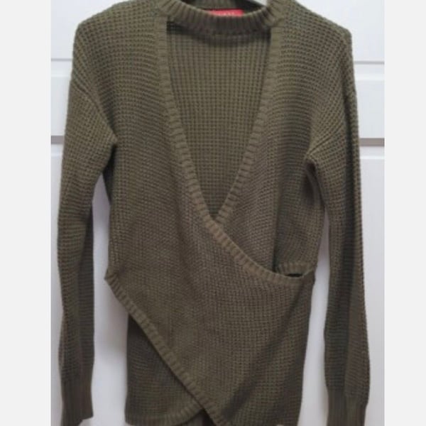 GUESS Olive Green Waffle Knit Faux Wrap Cutout Crew Neck Sweater