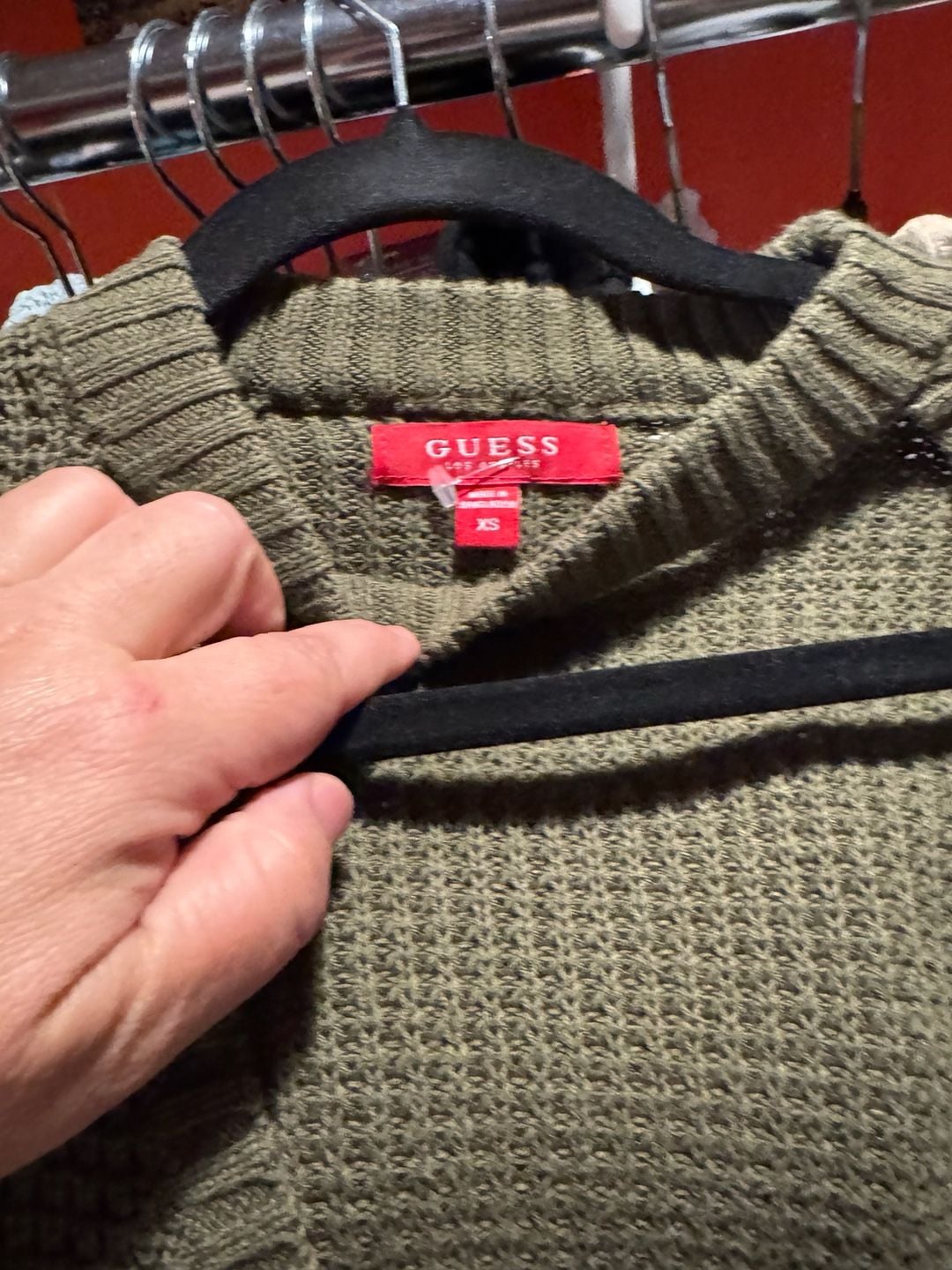 GUESS Olive Green Waffle Knit Faux Wrap Cutout Crew Neck Sweater 8