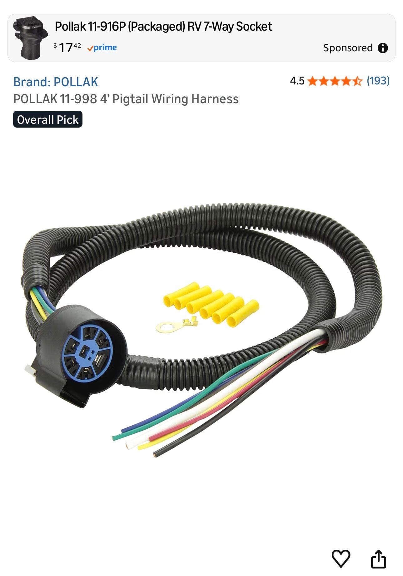 Pollak 11-998 4' Pigtail Replacement Wiring Harness for RV 7-Way Socket 1