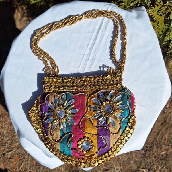Handmade Satin Snap Purse, Pouch. Decorated with Beads and Sequin