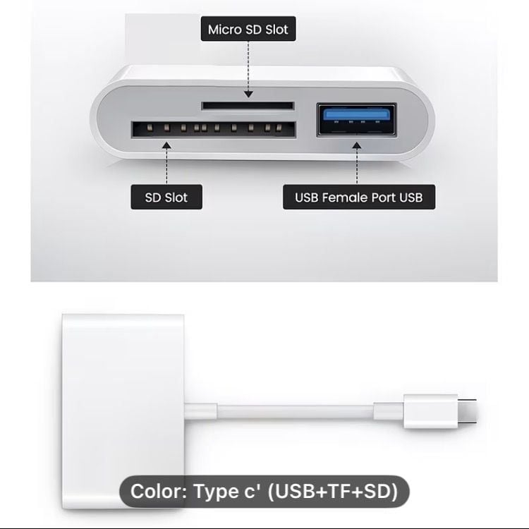 Hoveyo USB-C 3-in-1 Card Reader Hub - SD, Micro SD, and USB Adapter - White 3