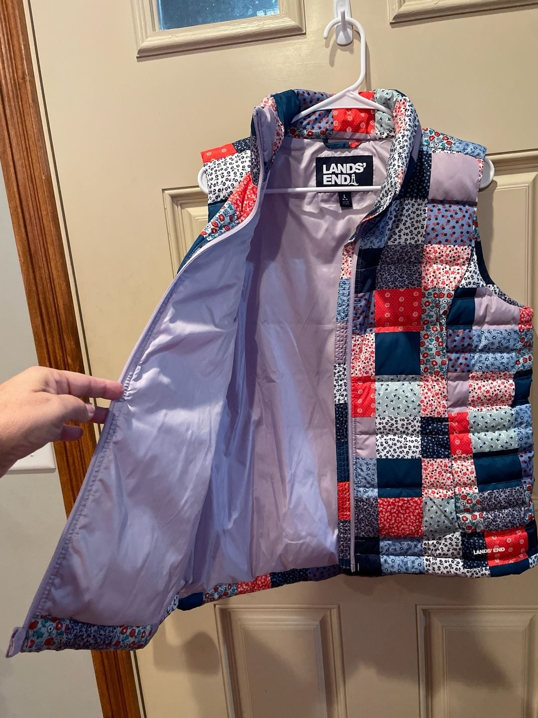 Lands' End Women's Quilted Down Puffer Vest. patchwork pattern. 8